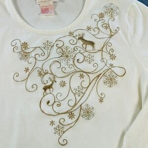 Toffee Apple Women's Cream White Gold Embroidered Christmas Reindeer Shirt LG